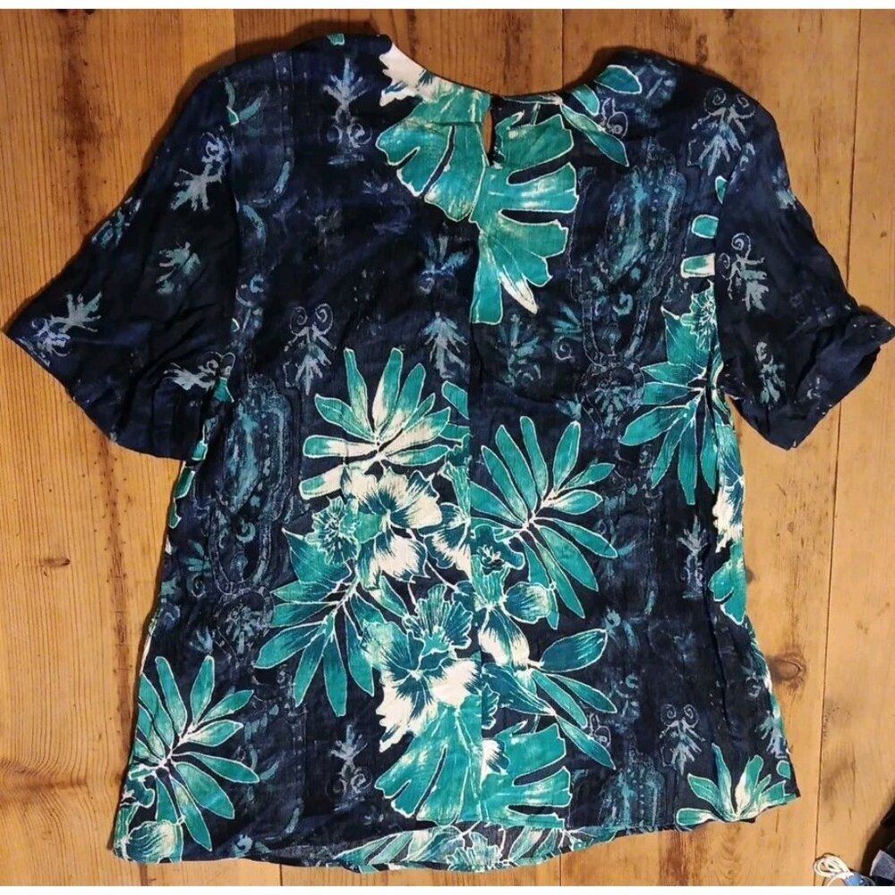 Vtg Carole Little II Blue Floral Tunic Top Womens 14 Short Sleeve Smocked USA - Picture 5 of 6